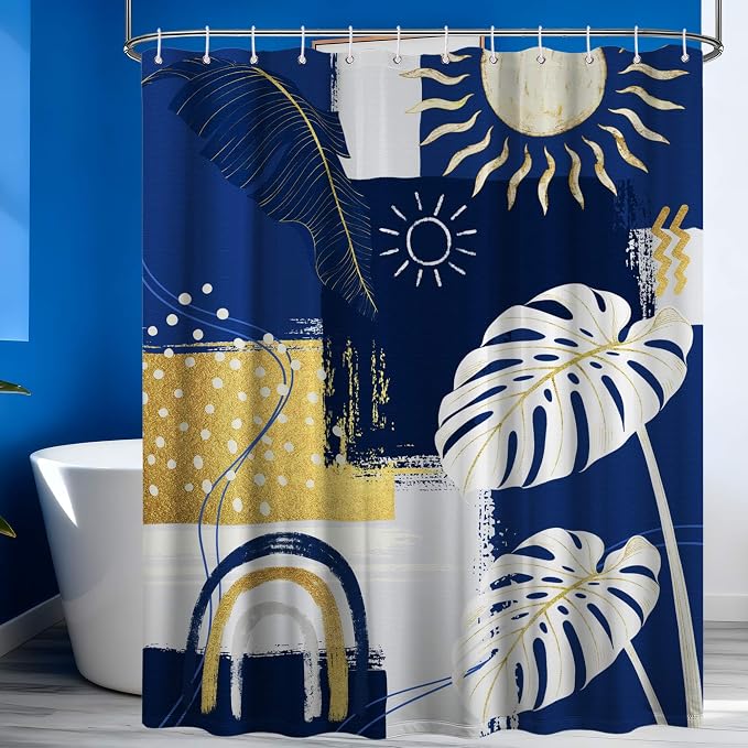 Small Stall Narrow Shower Curtain Blue and White Stand Up Abstract Navy Blue and Gold Boho Shower Curtains for Rv Camper Bathroom Decor Sets, Waterproof Cloth Fabric with Hooks, 36 x 72 Inch