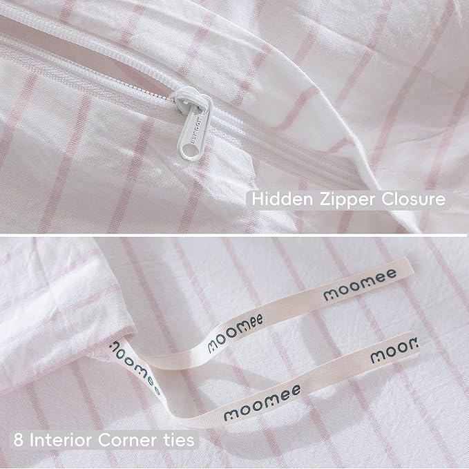 MooMee Striped Duvet Cover Set 100% Washed Cotton Linen Like Textured Breathable Durable Soft Comfy (White Heathered Greyish Pink Wide Stripes, Twin 68"x90")