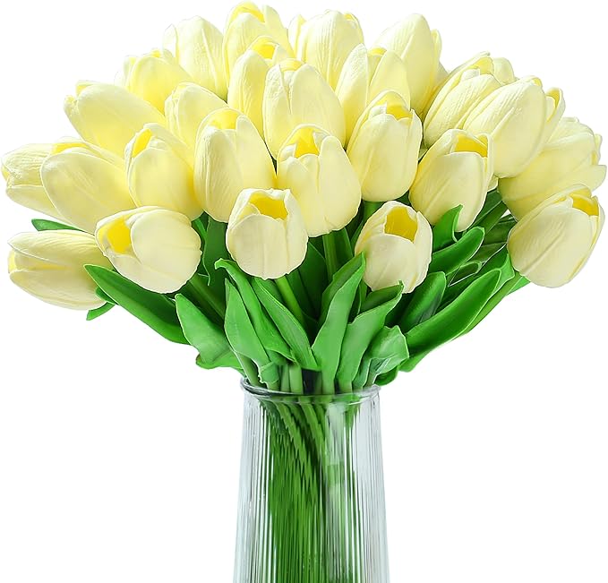 20pcs White Tulips Artificial Flowers Fake Silk Tulips Real Touch Flowers for Spring Kitchen Wedding Home Decor Arrangements Easter Decor 14 Inch