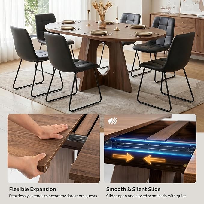 HIPIHOM Modern Round Expandable Dining Table Set for 6, 43.3"-59" Walnut Kitchen Table with 6 PU Leather Chairs, 7-Piece Mid-Century Dining Room Set