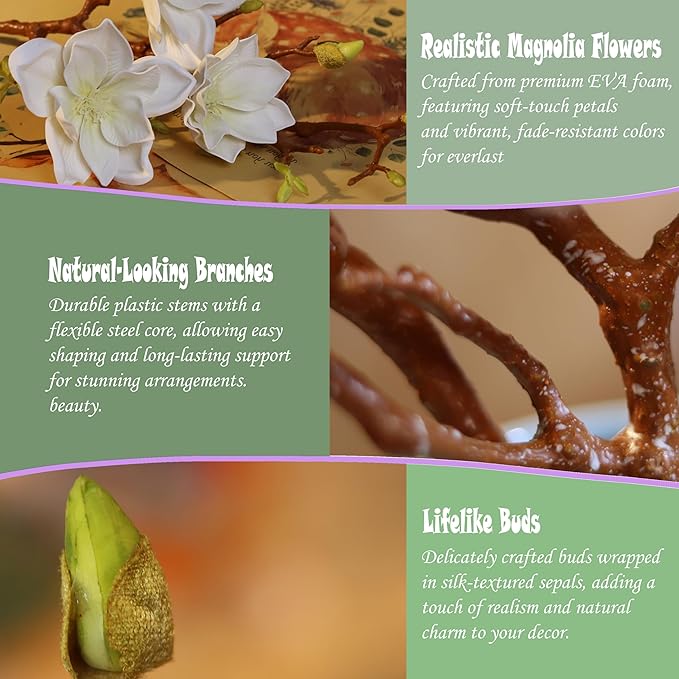 3pcs Artificial Magnolia Flower Branches, 31 Inch Long Stem Faux Floral, Premium Faux Bloom for Home Decor, Centerpieces, and Wedding Arrangements, White