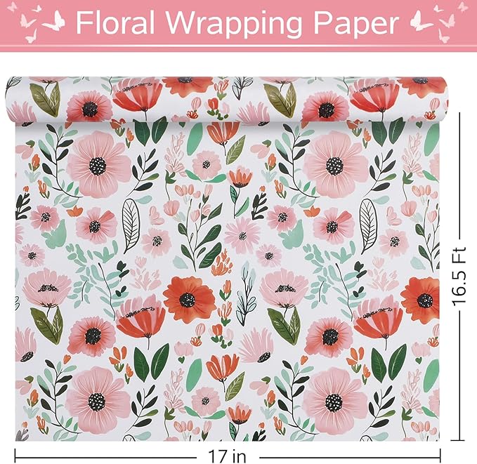 RayofSun Pink Floral Wrapping Paper Roll 17 in x 16.5 ft Mini Roll All Occasion Wildflower Flower Green leaves Gift Wrap Paper for Wedding Birthday Bridal Shower Party Wrapping Supplies