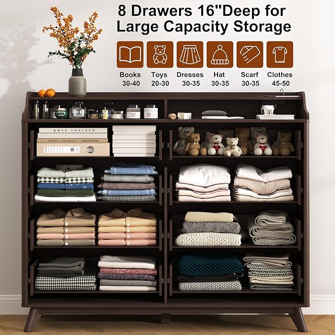 Dresser for Bedroom with 8 Drawers, 55" Large Dresser & Chest of Drawers with Charging Station, Wood Closet Clothes Storage Tall Dressers Organizer for Bedroom Living Room Hallway, Brown
