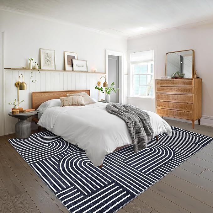 9x12 Area Rug Washable Modern Abstract Rugs for Living Room Non Shedding Soft Bedroom Boho Carpet Ultra-Thin Low Pile Living Room Floor Covers Abstract Lines Carpet for Playroom Kids Room, Blue