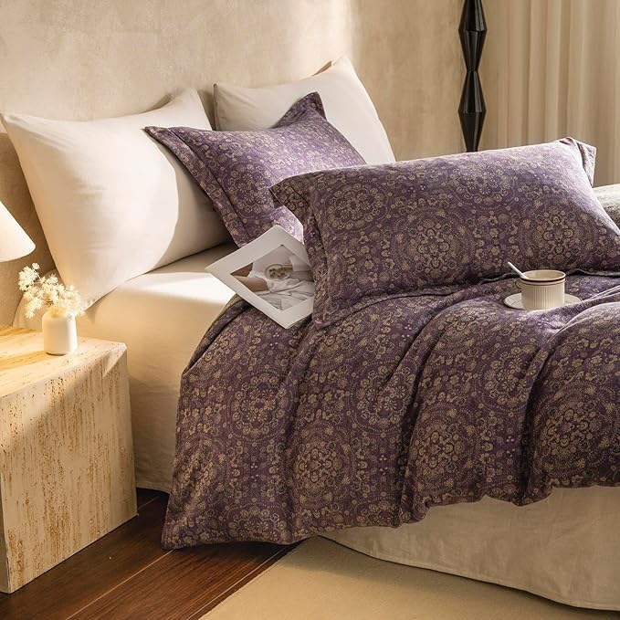 LifeTB Purple Green Floral Duvet Cover Queen Vintage Boho Medallion Bedding Set Queen 3 Pieces Jacquard Flower Comforter Cover Floral Yarn-Dyed Textured Linen Cotton Duvet Cover with 2 Pillowcases