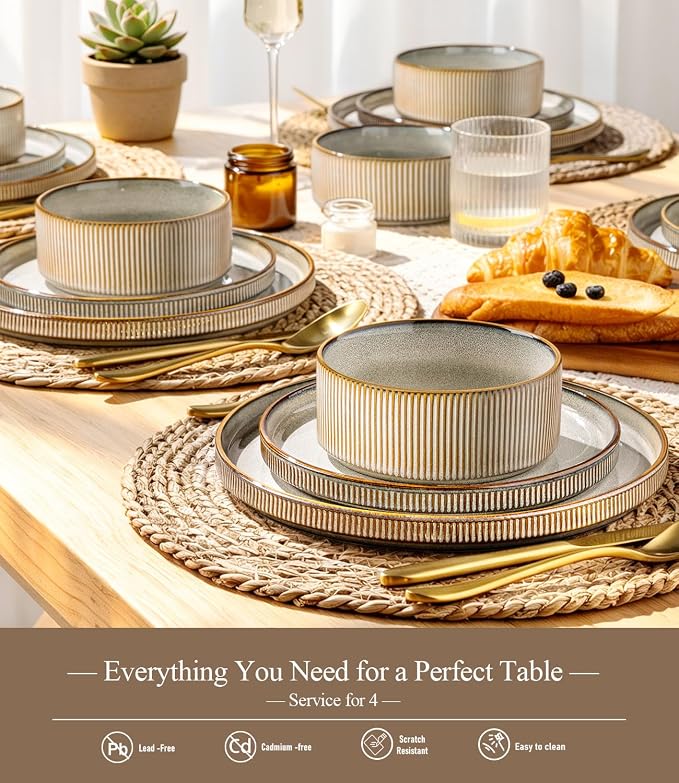 GBHOME 12-Piece Stoneware Dinnerware Set for 4 – Ribbed Ceramic Plates and Bowls, Scratch-Resistant, Microwave & Dishwasher Safe, Reactive Glaze, Reactive Glaze Green Wheat