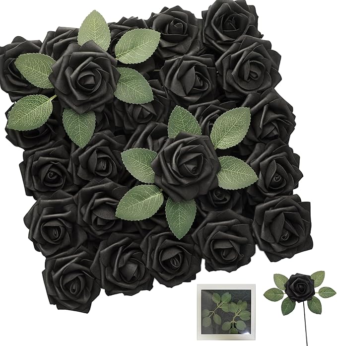 Black Artificial Roses 25pcs, Real Looking Fake Foam Flowers with Stems for DIY Gothic Wedding Bouquets, Centerpieces, Party, Halloween, Home Dark Decor