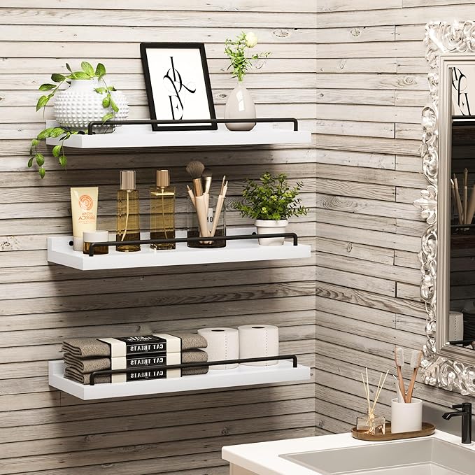 RYOFOBETTO Floating Shelves for Wall Decor, White Shelves for Bathroom, Living Room, Bedroom, Picture Frames, Plants, Kitchen (Set of 3)