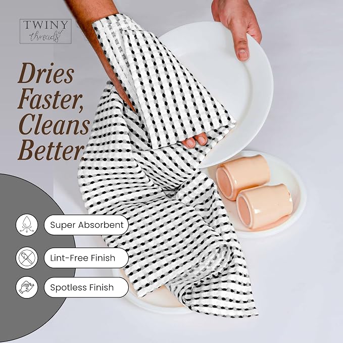 TWINY threads Waffle Kitchen Towels Set of 4, Large 16x26 Inches, 100% Cotton Absorbent Dish Cloths, Fast Dry & Machine Washable Waffle Weave Towel for Cooking, Baking & Cleaning, Black and White