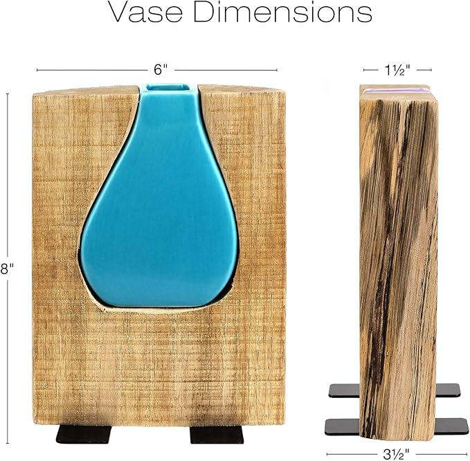 Excello Global Products Matte Teal Glass and Wood Vase - Rustic Flower Vase Decorative Centerpieces for Dining Room Table Coffee Tables Vintage Farmhouse Decor (Short - 8" x 6")