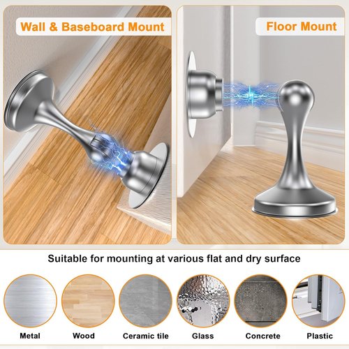 Crosize Magnetic Door Stoppers - 4 Pack Stainless Steel Wall & Floor Mounting | No Drilling, Silver