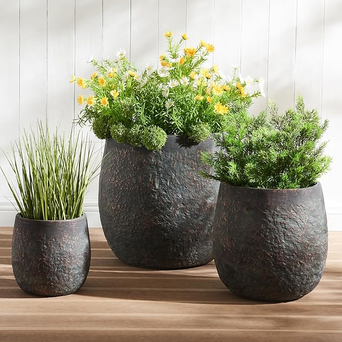 Wallowa 17.3"+12.9"+9.0" Dia Weathered Concrete Flower Pots, Modern Round Style Concrete Planter for Home, Garden, Patio, Courtyard, Bronze Rust Color, Set of 3