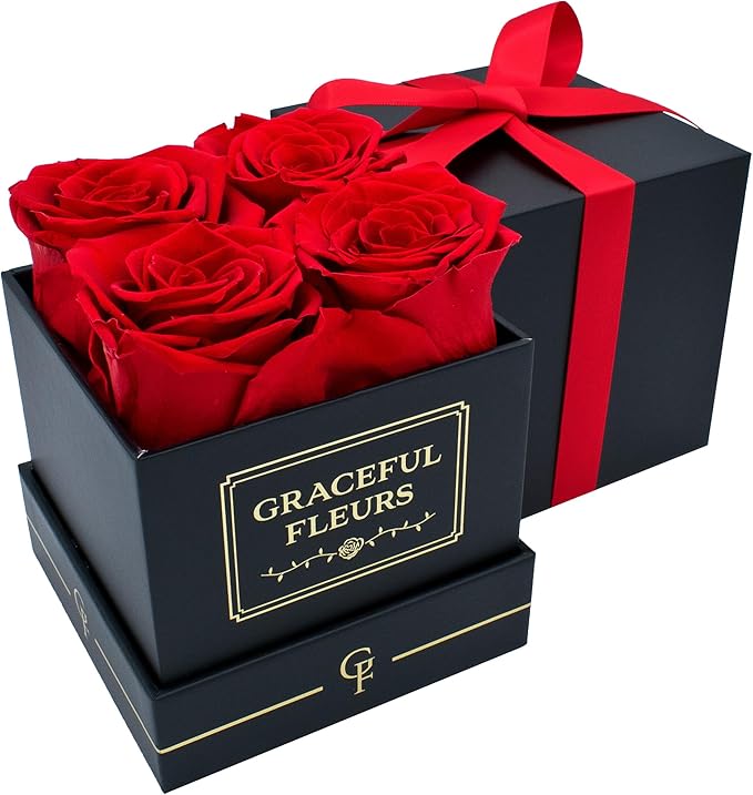 Graceful Fleurs | Real Long Lasting Roses for Years | Preserved Fresh Flowers for Delivery Birthday | Birthday Gifts for Women | Forever Roses in a Box (Red, Black Box, 4 Roses)
