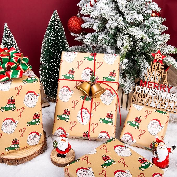 Yarcony Kraft Christmas Wrapping Paper Roll, Brown Vintage Santa Wrapping Paper, Funny Santa, Truck & Candy Cane Pattern Thick Christmas Gift Wrap for Holiday Gift Packaging (17 Inch X 33 Feet)