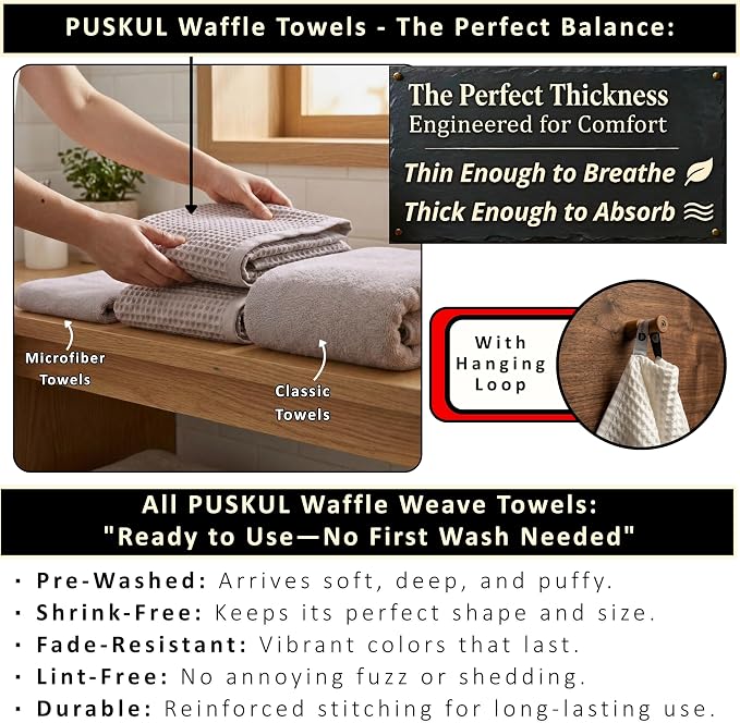 PÜSKÜL 4-Piece Natural 100% Turkish Cotton Luxury Waffle Towels for Bathroom | Premium Honeycomb Weave 2 Hand Towel & 2 Bath Towel Set | Soft Absorbent Quick-Dry Lightweight Towels (Gray)