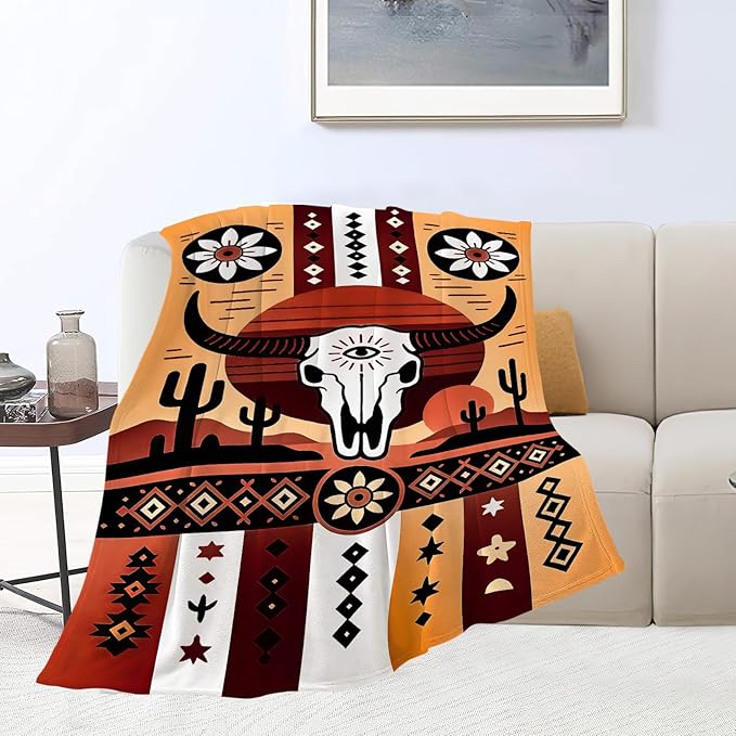 Western Boho Bull Skull Blanket Southwest Aztec Tribal Southwestern Navajo Throw Blanket Soft Cozy Fleece Fuzzy Stuffed Plush Flannel Gifts for Girls Women Boys Kids Adults 50''x60''