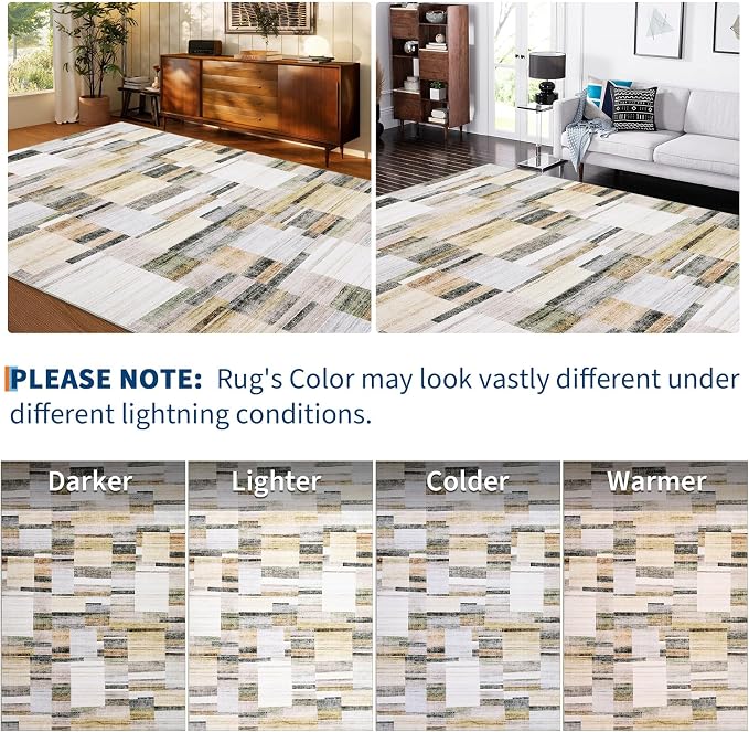 Washable Area Rugs 9 x 12 Rug for Living Room Geometric Modern Rug Non Slip Throw Rugs Large Bedroom Rugs Low Pile Stain Resistant Carpet for Dining Room Nursery 9'x12' Khaki&Grey
