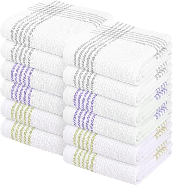 Waffle White & Multi Colors Kitchen Towels 12 Pack, 100% Cotton, 16x26 inches, Durable Dish Towel, Quick Dry Dishcloths, Ideal for Drying, Wiping - Light Grey, Lavender, Lemon Green