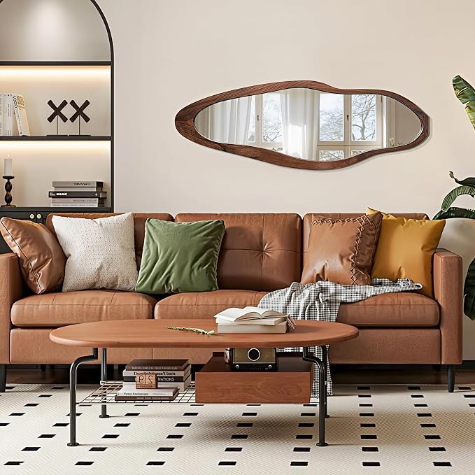 Irregular Full Length Mirror, 67"x24" Wooden Farmhouse Full Body Mirror, Large Asymmetrical Wall Mirrors for for Living Room Entryway Bedroom, Horizontal/Vertical, Woodgrain Brown