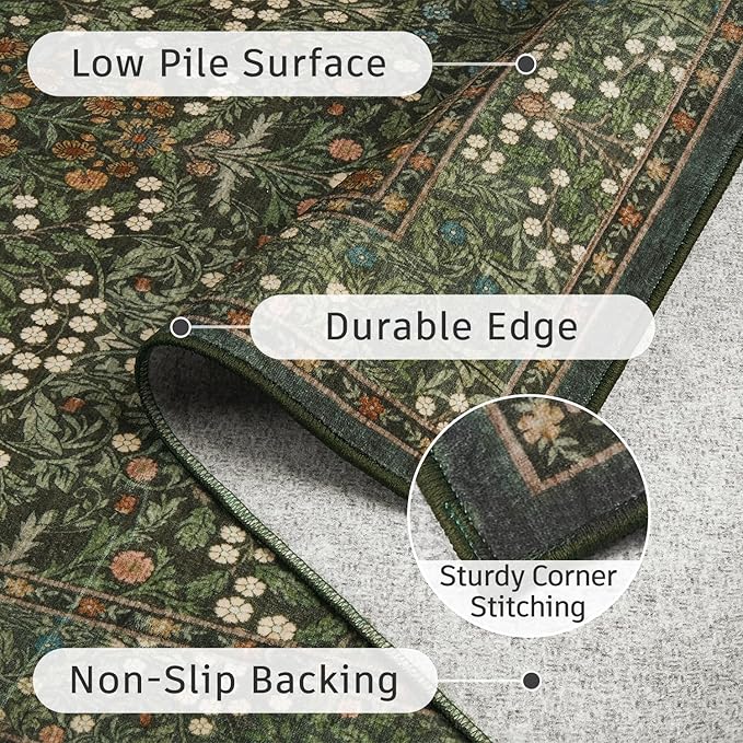 DCX Green 5x7 Area Rug, Machine Washable Non Slip Stain Resistant Soft Vintage Floral Rug, for Living Room, Bedroom, Dining Room, Soft Low Pile Large Carpet