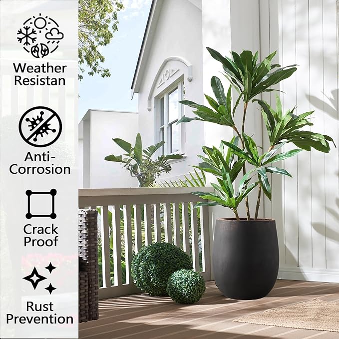 Wallowa 13.3" Dia x 15.3" H Concrete Planter, Outdoor Planter, Black with Gold Rim, Flower Pot with Drainage Hole and Silicone Plug, Plant Container for Garden, Patio, Home, Office, 1 Pack
