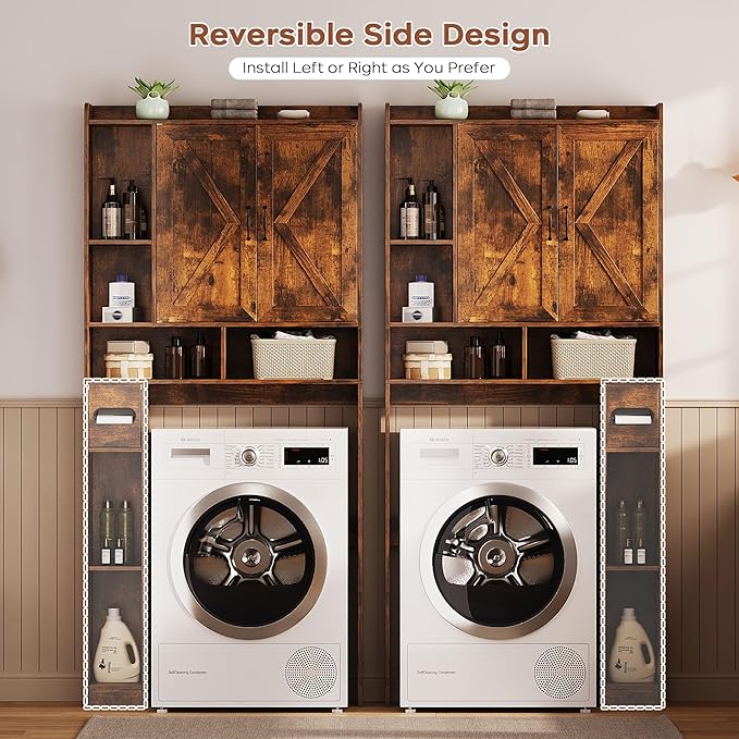 Over the Toilet Storage Cabinet, 31.1”W Bathroom Organizer with Double Doors, Above Toilet Rack, Detachable Toilet Paper Holder for Bathroom & Laundry Room Brown