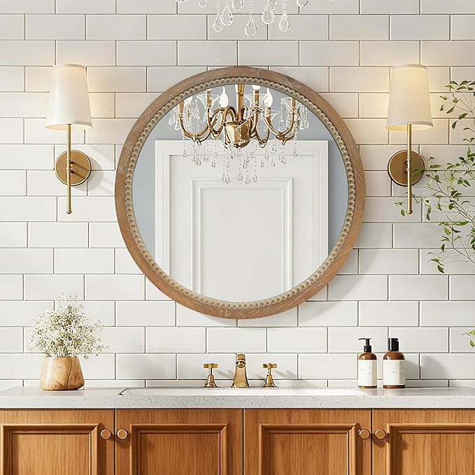 23.62" Round Rustic Farmhouse Wall Mirror Distressed Wood Beaded Frame Vintage Accent Mirror Wall Mounted HD Decorative Mirror For Bathroom Bedroom Entryway Modern Farmhouse Mid-Century Home Decor