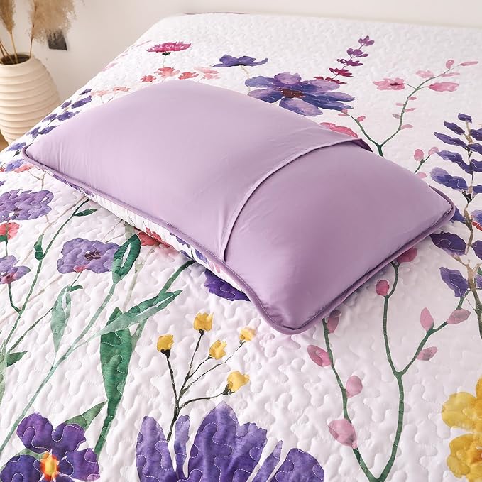 Anibedding Purple Quilt Set Full, Floral Pattern Microfiber Bedspreads Full Size 3 Pieces Lightweight Reversible Bedding Set with 2 Pillowcases(78"x90")