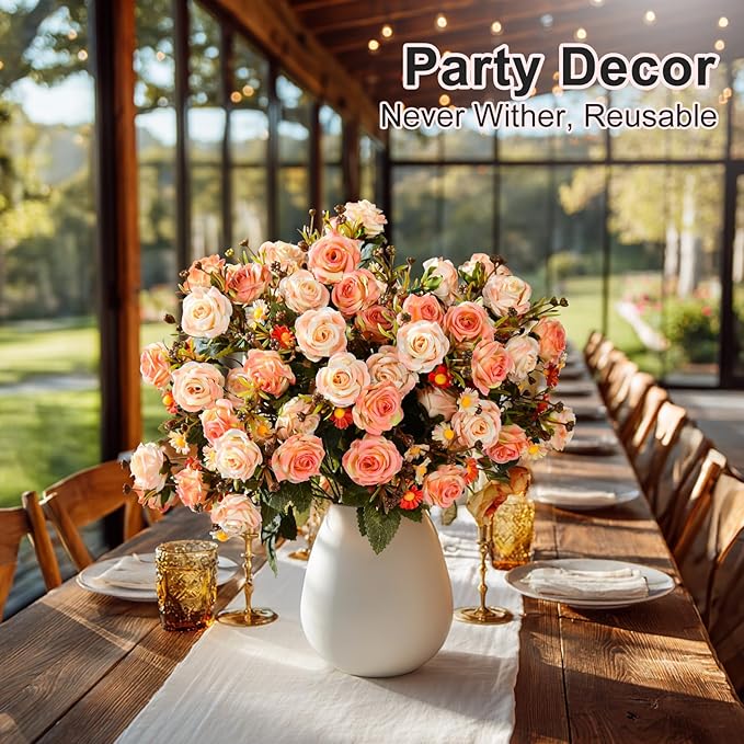 Artificial Rose Flowers for Outdoor 4 Bundles Rose Bouquet with Daisy Faux Flowers UV Resistant for Home Indoor Outside Garden Porch Window Box Balcony Yard Porch Fall Decor (Orange)