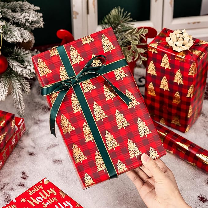 MAYPLUSS Christmas Wrapping Paper Roll, Red Plaid Wrapping Paper, Classic Red Christmas Tree and Plaid Gift Wrap with Metallic Foil Shine for Holiday Gift Packaging (17 Inch X 16.5 Feet)