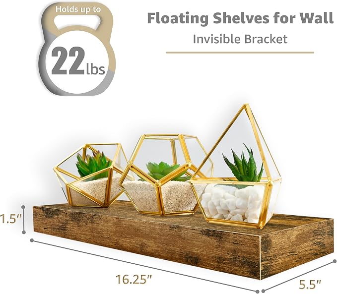 Sorbus Floating Shelves for Wall – 16 Inch Floating Shelf for Kitchen, Bedroom, Living Room, Bathroom, Home & Wall Decor - Mounted Bathroom Shelves with Invisible Brackets (Rustic Brown, 2 Pack)