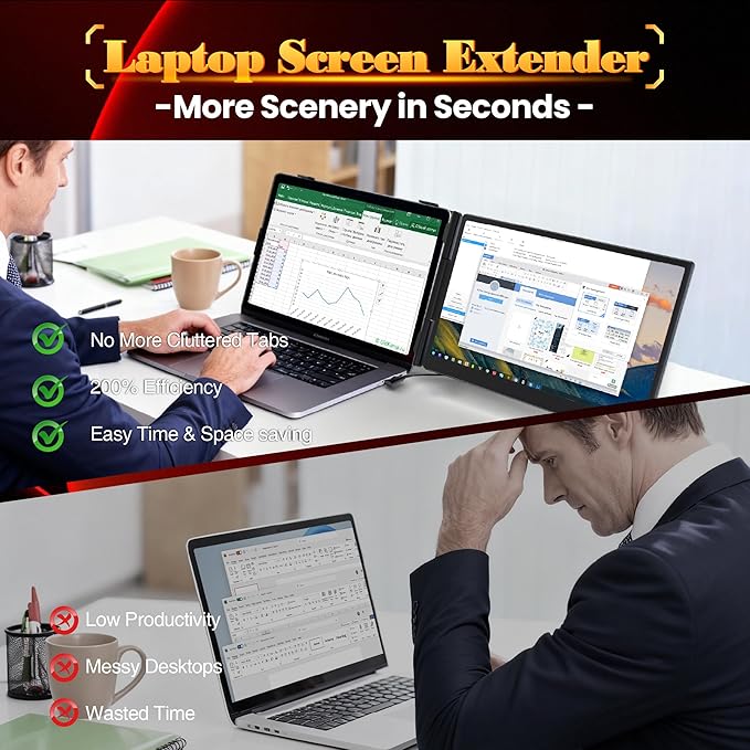 Laptop Screen Extender 0.27" Ultra-Thin, 14" FHD 1080P IPS Lightweight Dual Portable Monitor, USB-C/HDMI Plug & Play for 13-17" Laptops, Travel screen compatible with Windows/Mac/Chrome/Switch/Android