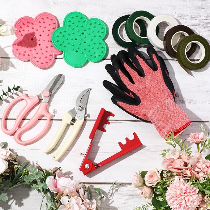 WILLBOND Floral Arrangement Kit, Christmas Rose Thorn Stripper Tool Garden Pruning Shears Scissors Rose Thorn Remover Pruner Trimmer Gloves Tapes Florist Garden Tool Gift Kit for Women(Pink)