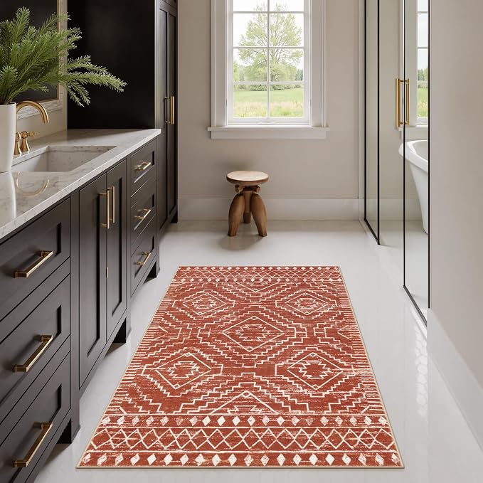 Wonnitar Moroccan Washable Area Rug, 3x5 Non-Slip Rugs for Living Room, Geometric Tribal Kitchen Entry Throw Mat, Soft Low Pile Non-Shedding Carpet for Bedroom Apartment Dorm (Brown,3'x5')
