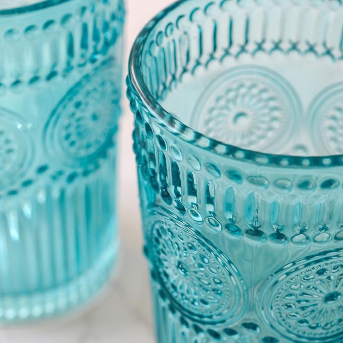 Kate Aspen Vintage Textured Aqua Blue Striped Drinking Glasses Set of 6-13 oz Ribbed Glassware with Flower Design | Cocktail Set, Juice Glass, Water Tumbler