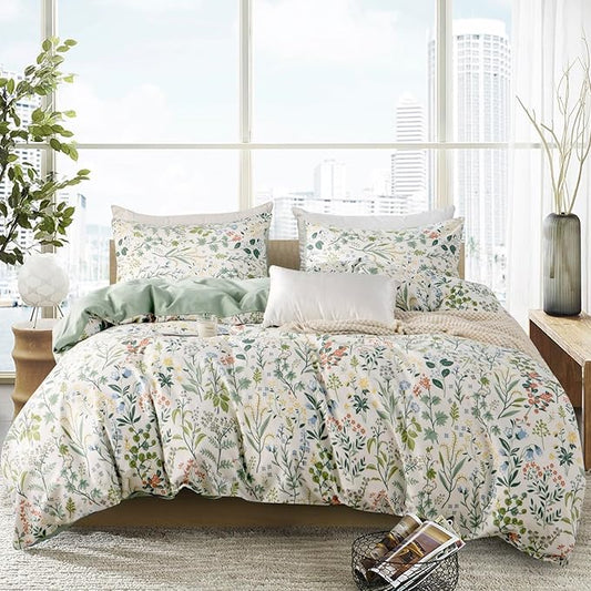 Floral Comforter Set King Soft Bedding Comforter Set 3 Pieces Lightweight Garden Style Green Red Flower Print Botanical Flowers Comforter Set 1 Comforter and 2 Pillowcases (Floral, King)