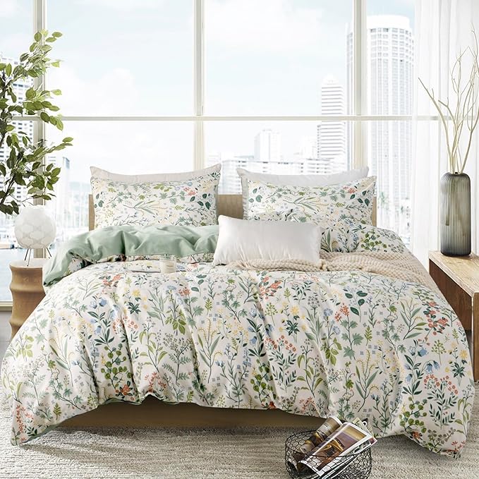 Floral Comforter Set Queen Soft Bedding Comforter Set 3 Pieces Garden Style Green Red Flower Print Botanical Flowers Comforter Set for All Seasons 1 Comforter and 2 Pillowcases (Floral, Queen)