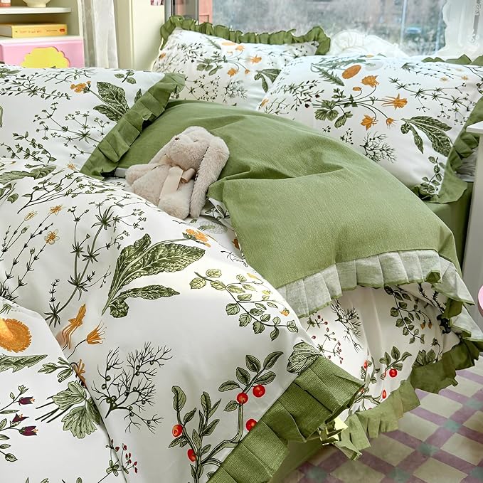 Botanical Floral Duvet Cover with Green Ruffle 100% Cotton Vibrant Flower Duvet Cover Twin XL Girls Princess Romantic Lace Comforter Cover Coquette Flower Bedding Set Floral Comforter Cover Twin XL