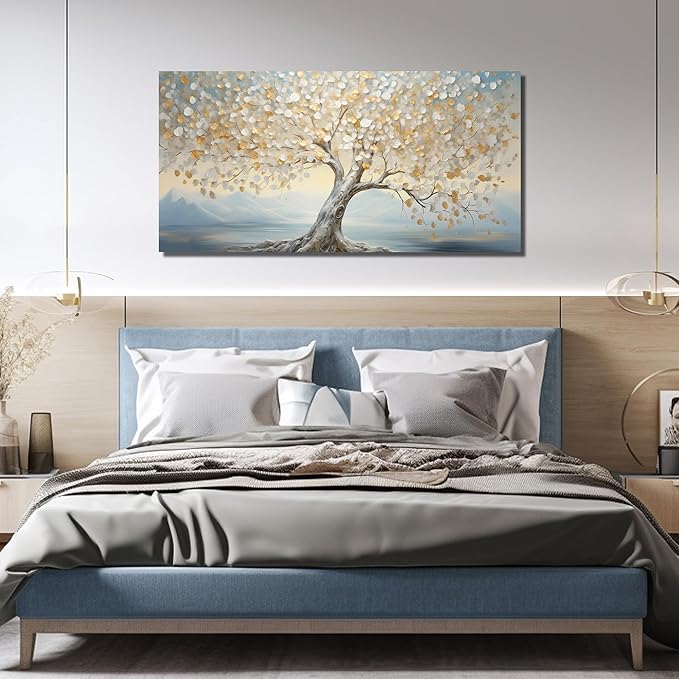 Large Tree Decor Art Bedroom Gold Canvas Wall Decor Light Blue Picture Wall Art for Living Room Office 29" x 59" White Artwork Poster