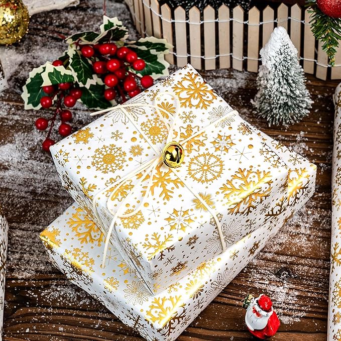 Flyhill Kraft Christmas White Wrapping Paper,Gold Luxury Snowflake Metallic Gold Embossed Foil Gift Wrap Roll Design for Holiday, Party,Celebration, New Year (17 Inch X 32.8 Feet)