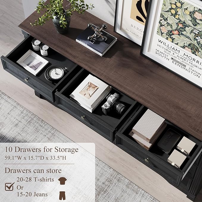 Yaamizz Farmhouse Dresser for Bedroom, 60" Wide 10 Drawer Dressers Storage with Wood Pilasters & Metal Handles, Drawer Organizer for Bedroom, Vintage Design, Hallway, Black