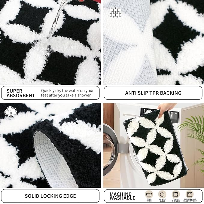 Civkor Black and White Bathroom Rug Non Slip Washable, Tufted Bath Mat for Bathroom with TPR Backing, Quick Dry Fluffy Microfiber Piles, Super Water Absorbent Thin Bath Rug Fit Under Door, 31x20Inch