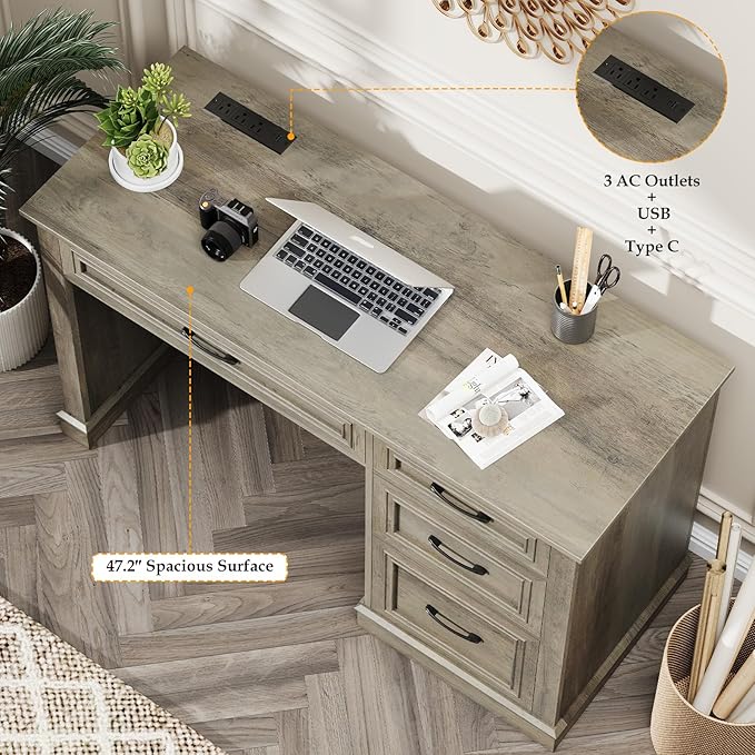 Farmhouse 47" Executive Desk, Computer Desk with Drawers and File Drawer, Workstation Computer Desk with Charging Station for Home Office,Study（Wash Grey）