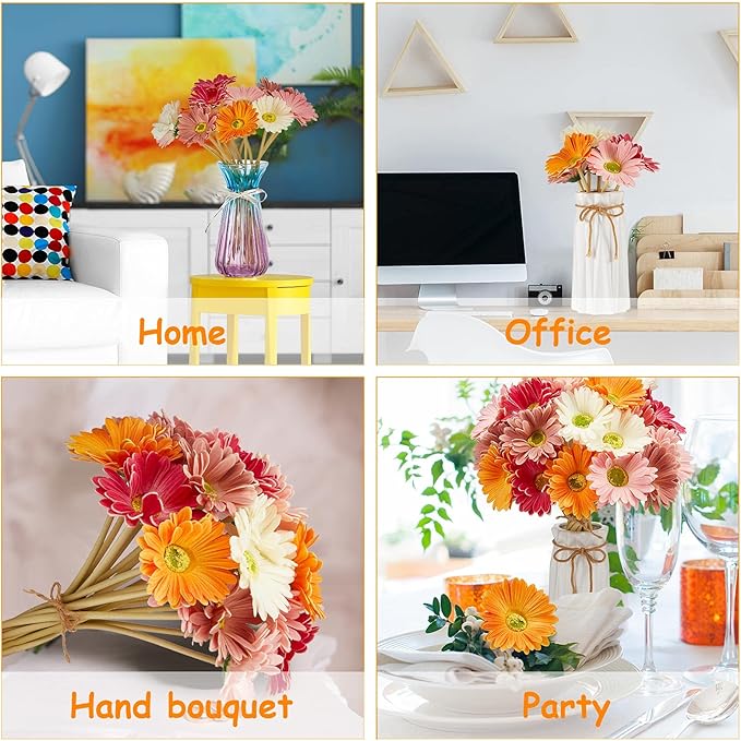 WILLBOND 24 Pieces Artificial Gerbera Daisies Flowers Fake Daisy Faux Boho Daisy Flowers Bouquet 15 in for Boho Birthday Decorations Wedding Home Decor (White,Pink,Yellow,Orange,Rose,Coral)