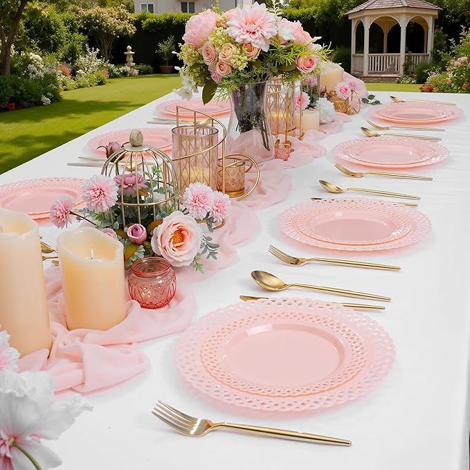 COLOSUS 60Pcs Pink Plastic Plates, Plastic Disposable Plates, Fancy Pink Scallop plates, Heavy Duty Lace Plate Set include 30 Dinner Plate 10” and 30 Salad/Dessert Plate 7.5”for Christmas