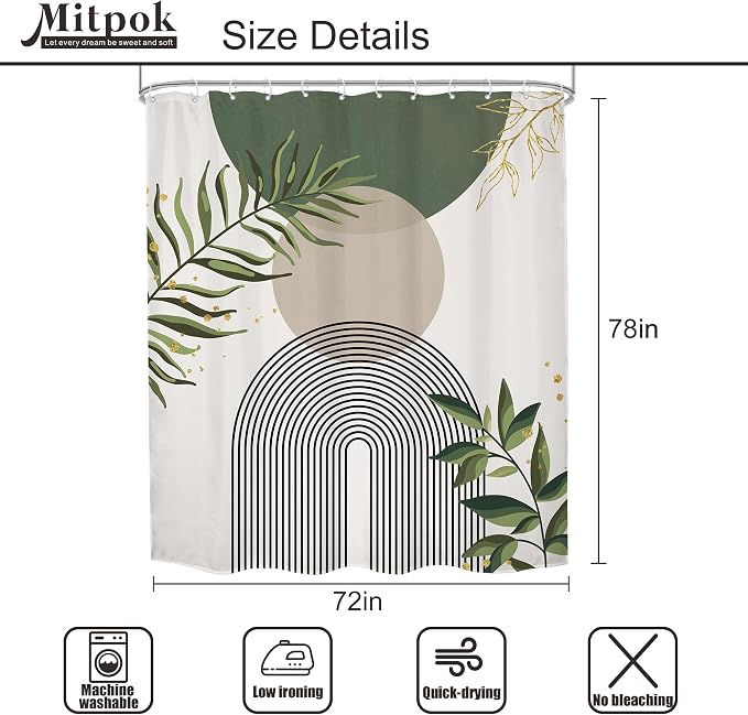 Sage Green Boho Shower Curtain 72Wx78H Modern Abstract Green Gold Leaves Bohemian Plant Botanical Minimalist Arch Bathroom Decor Geometric Neutral Bath Curtain Fabric Polyester 12 Pack Hook