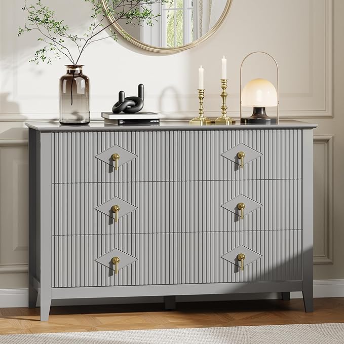 GarveeHome Fluted Dresser for Bedroom, 47.2 Inch Wide 6-Drawer Wood Dresser, Modern Chest of Drawers, Storage Organizer Cabinet for Living Room, Hallway, Entryway, Grey