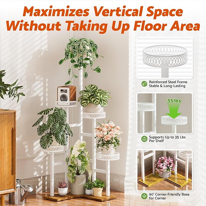 Plant Stand Indoor Outdoor, 6 Tier Tall Metal Wood Shelf Holder Display Rack Flower Pot Stand for Patio Garden Balcony Living Room Bedroom