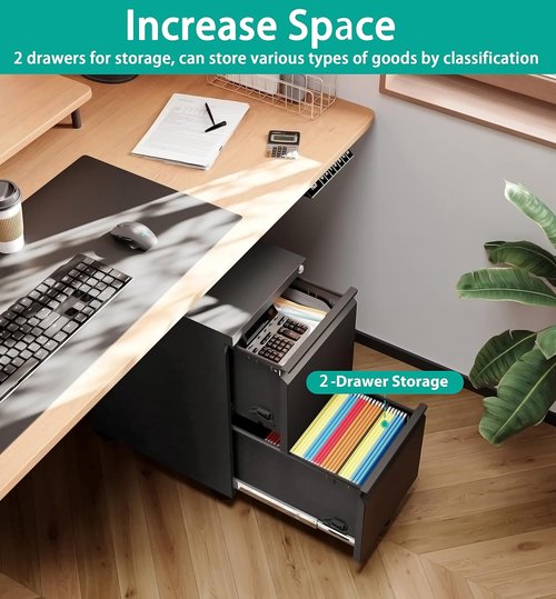 SISESOL 2-Drawer Mobile File Cabinet - Slim Under Desk Storage with Lock for Legal/Letter/A4 Files