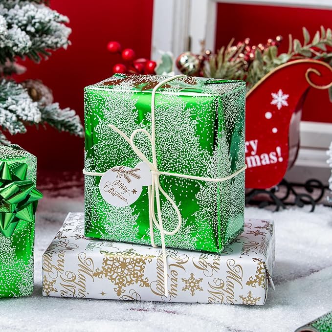 MAYPLUSS Christmas Wrapping Paper Roll, 17 Inch X 16.5 Feet Gift Wrapping Paper Featuring Green Christmas Tree Reversible Snowflake, Thick Wrap Paper for Holiday Party New Year Kids